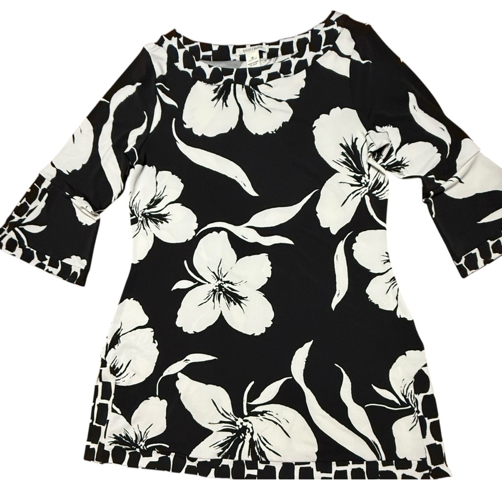 White House Black Market Black and White Floral Tunic Women's Top Size Medium